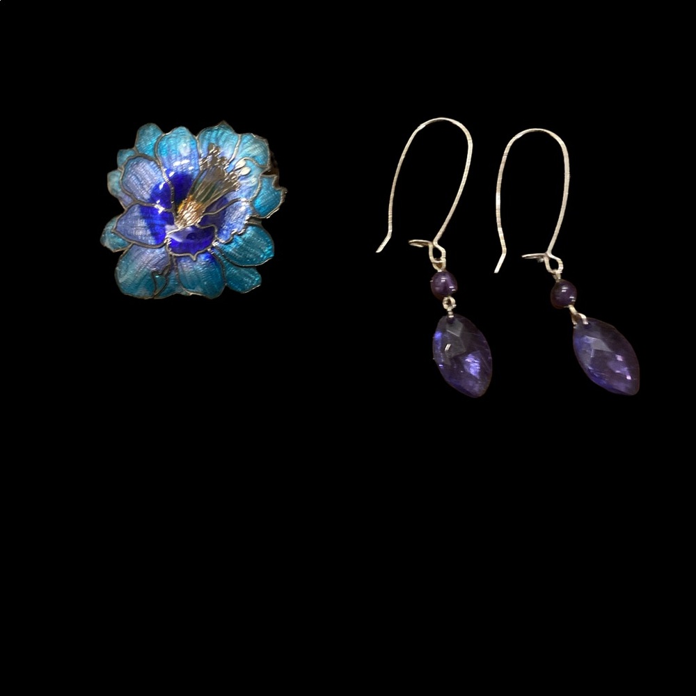 Cloisonné brooch with dangling beaded earrings 68